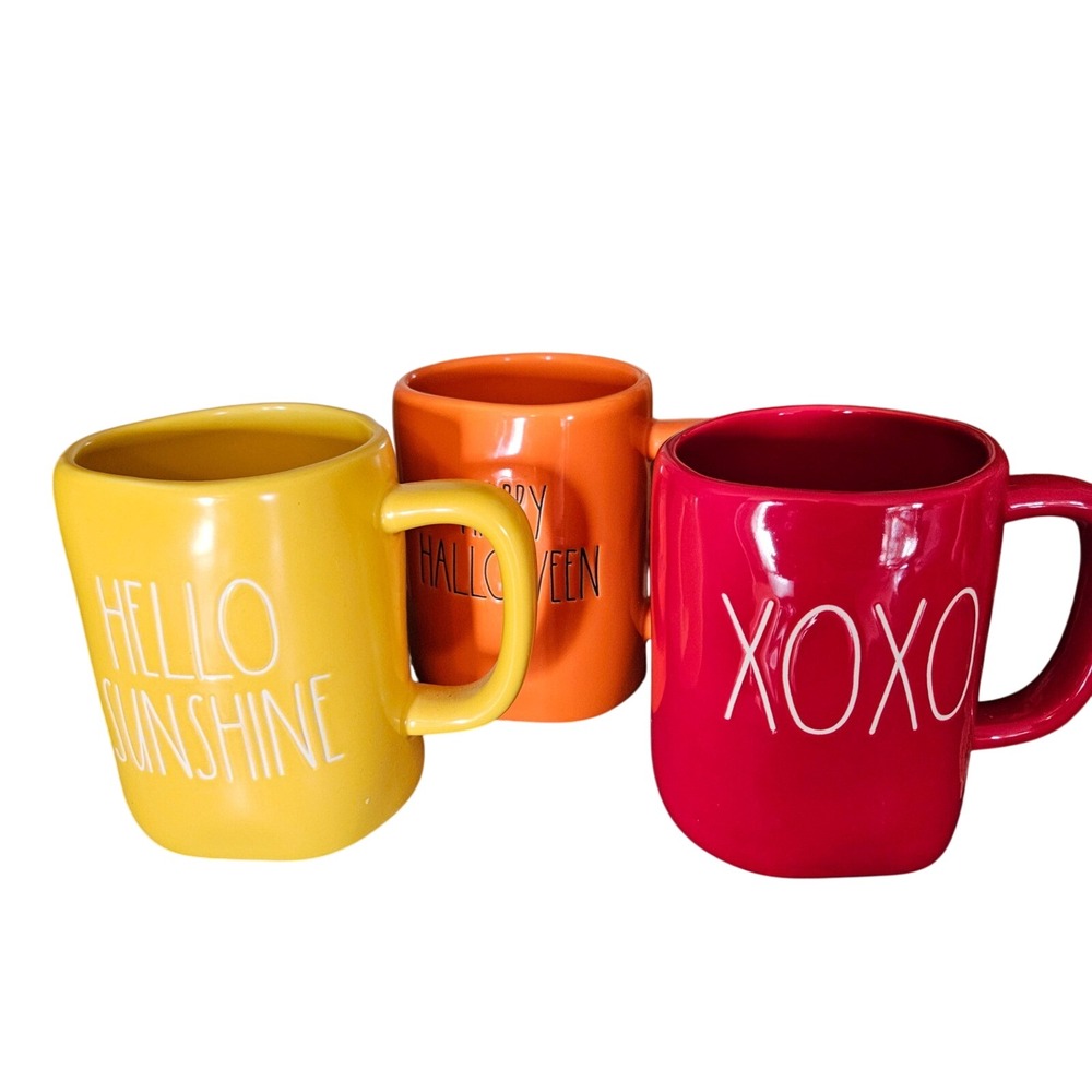 Rae‎ Dunn Artisan Collection Magenta Mugs Set of 3 Hello Sunshine Halloween XOXO